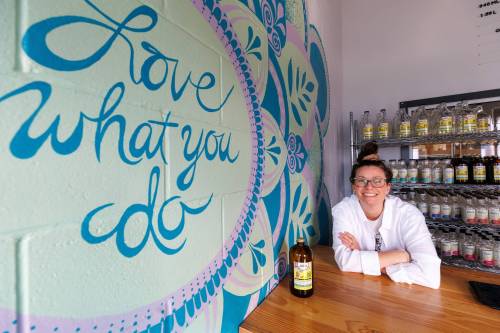 MIKE DEAL / FREE PRESS Michelle Leclair, owner of Wolseley Kombucha (749 Wall St.), saw its best January on record this year; Michelle believes it’s due, in part, to the “shop Canadian” movement. Still, there’s uncertainty at her business because tariffs will affect Wolseley Kombucha packaging costs (which are already pricey). Reporter: Gabrielle Piche 250303 - Monday, March 03, 2025.